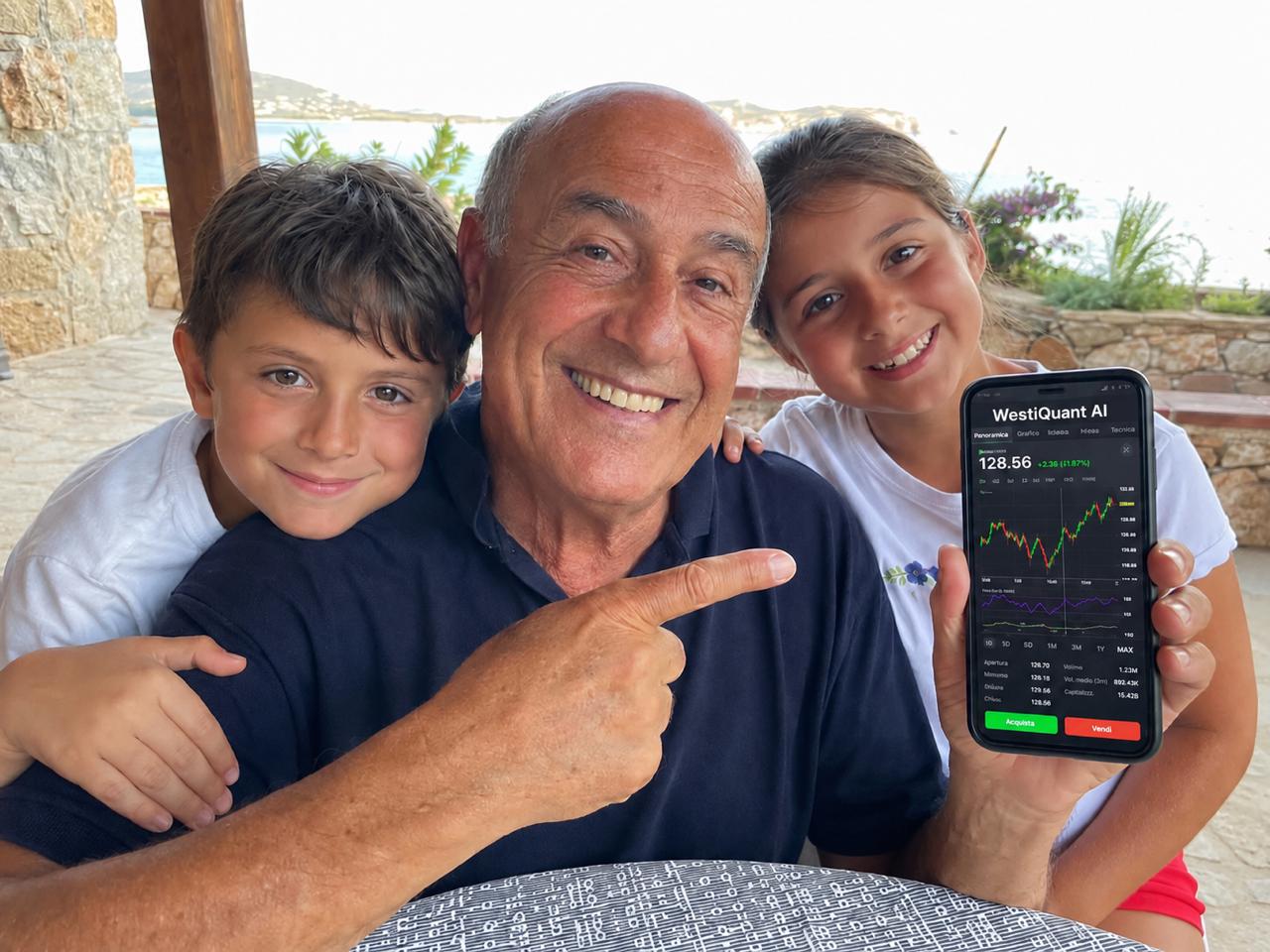 A retired grandfather on vacation with his grandchildren, showing his WestiQuant AI balance