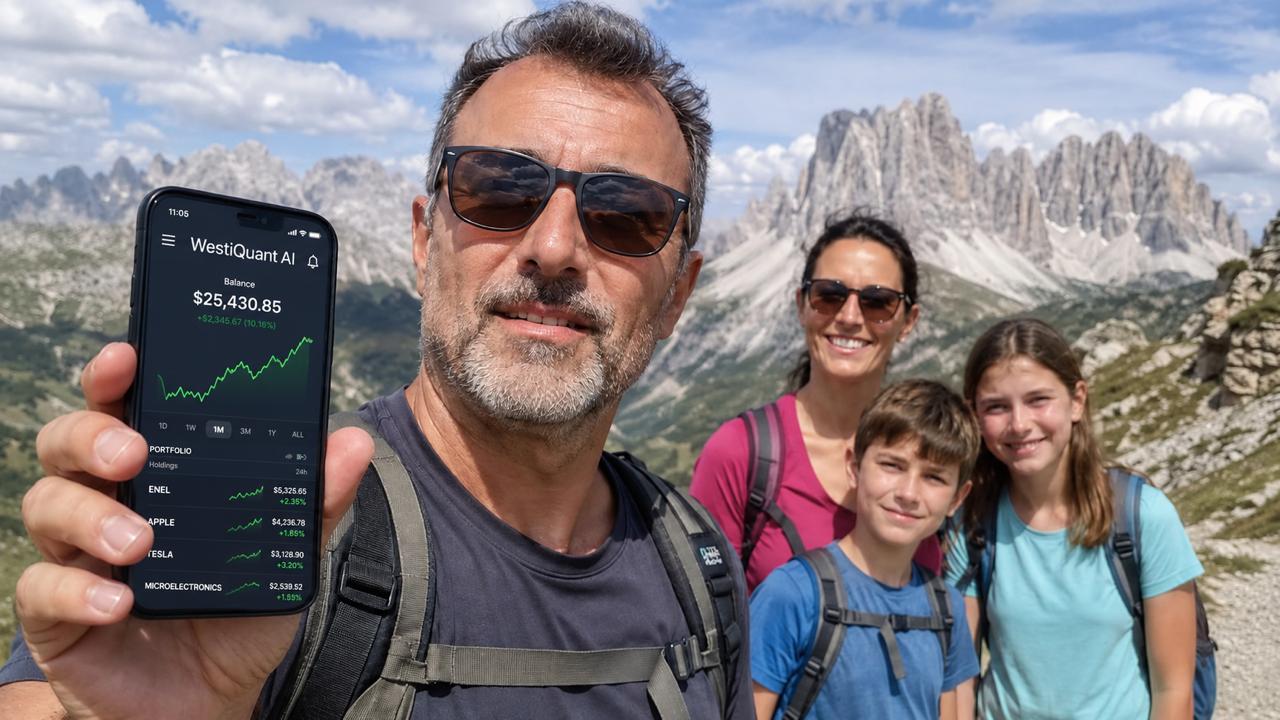 Gary, a self-employed electrician, hiking in the Rockies with his family, showing his WestiQuant AI balance