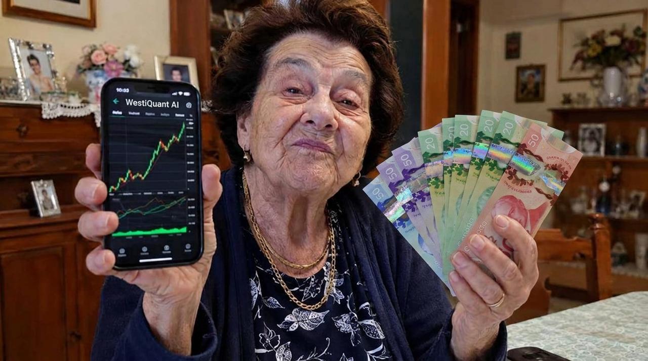 Denise, a 74-year-old widow, holding cash and her phone showing her WestiQuant AI balance