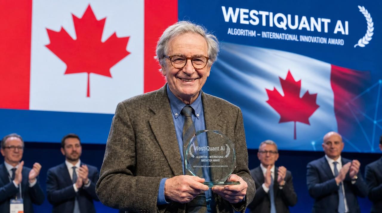 Professor Daniel Whitcombe accepting an international innovation award for WestiQuant AI