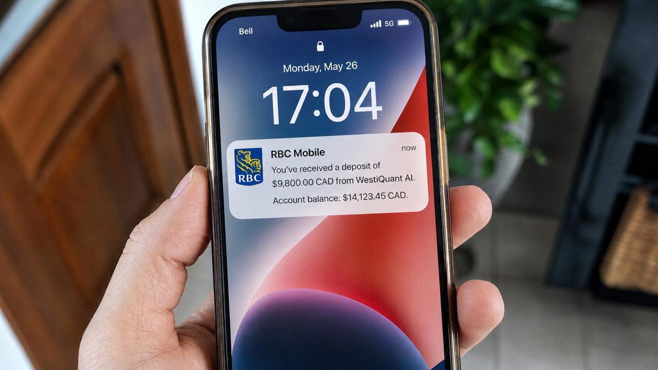 Bank notification confirming a $9,800 deposit from WestiQuant AI