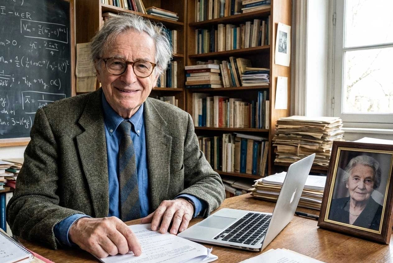 Professor Daniel Whitcombe at his desk, working notes beside a photo of his late wife