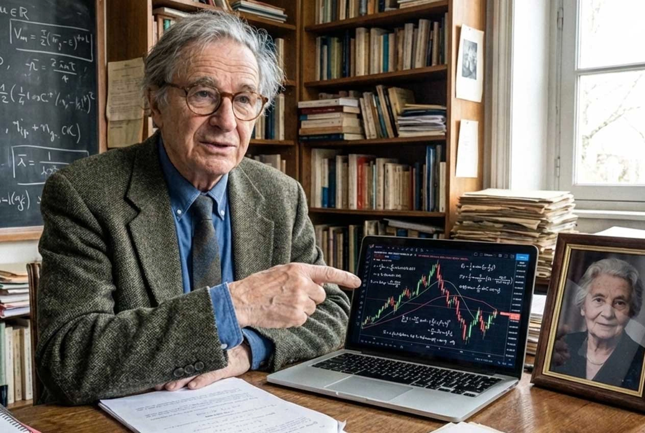 Professor Whitcombe pointing at live trading charts on his laptop
